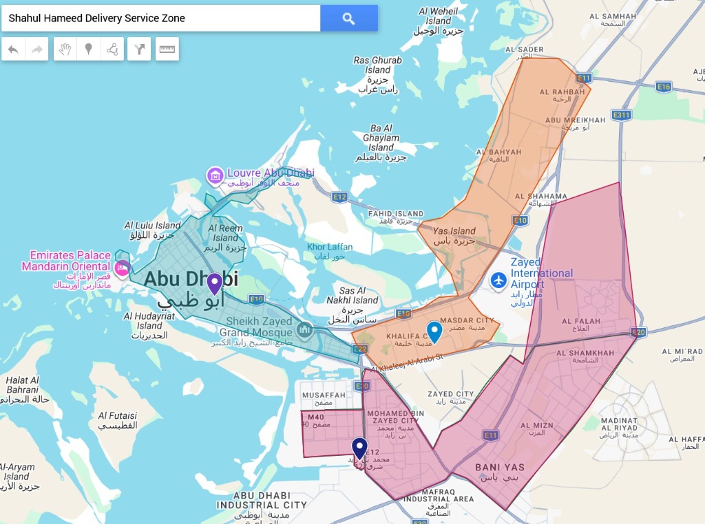 Shahul Hameed Delivery Service Zone - Abu Dhabi Zone Mapping