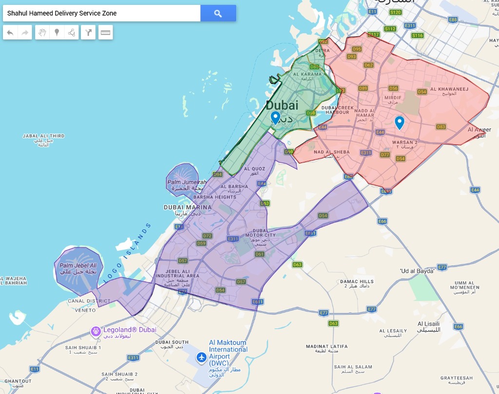 Shahul Hameed Delivery Service Zone - Dubai Zone Mapping